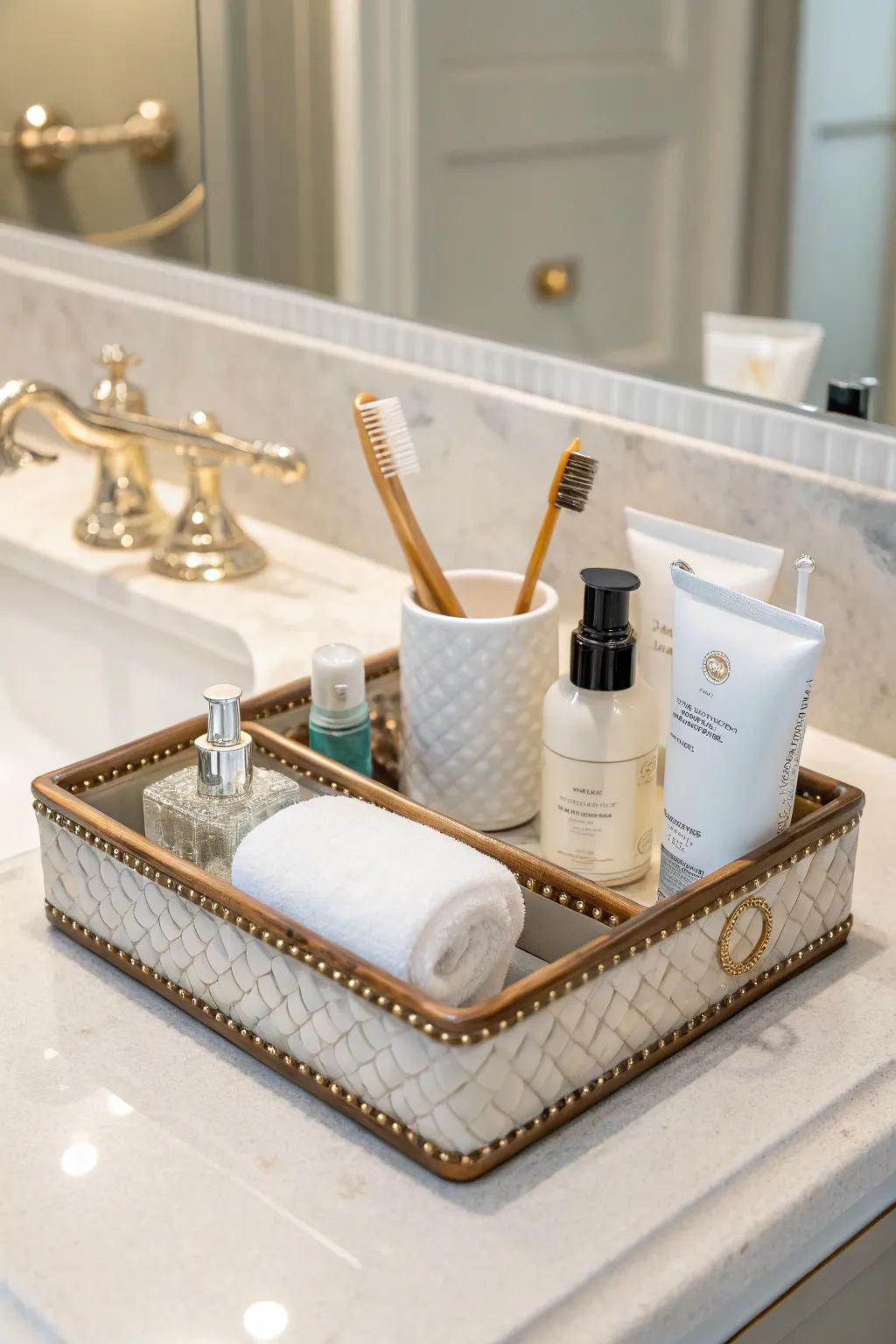A unique vanity tray keeps your basics organized and adds elegance.