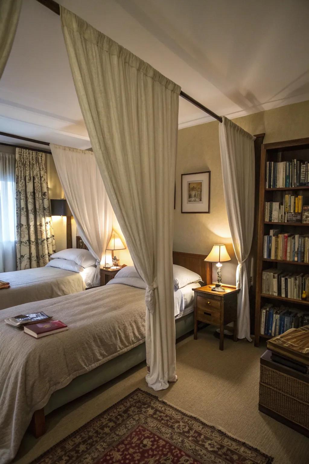 Drapes offer seclusion while preserving a shared zone.