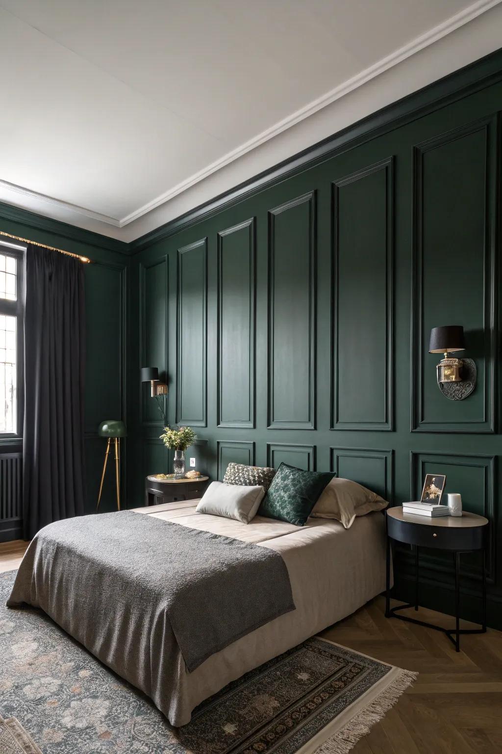Black wainscoting against dark green walls exudes classic elegance.