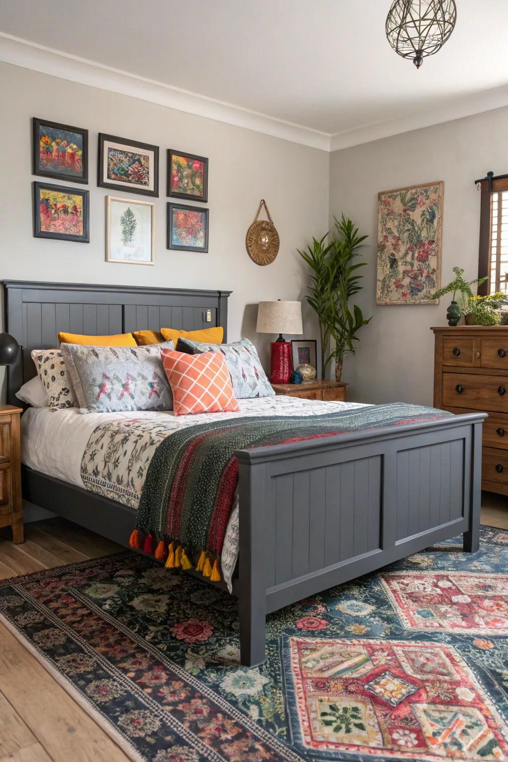 A mix-and-match of styles injects personality into a grey-themed bedroom.