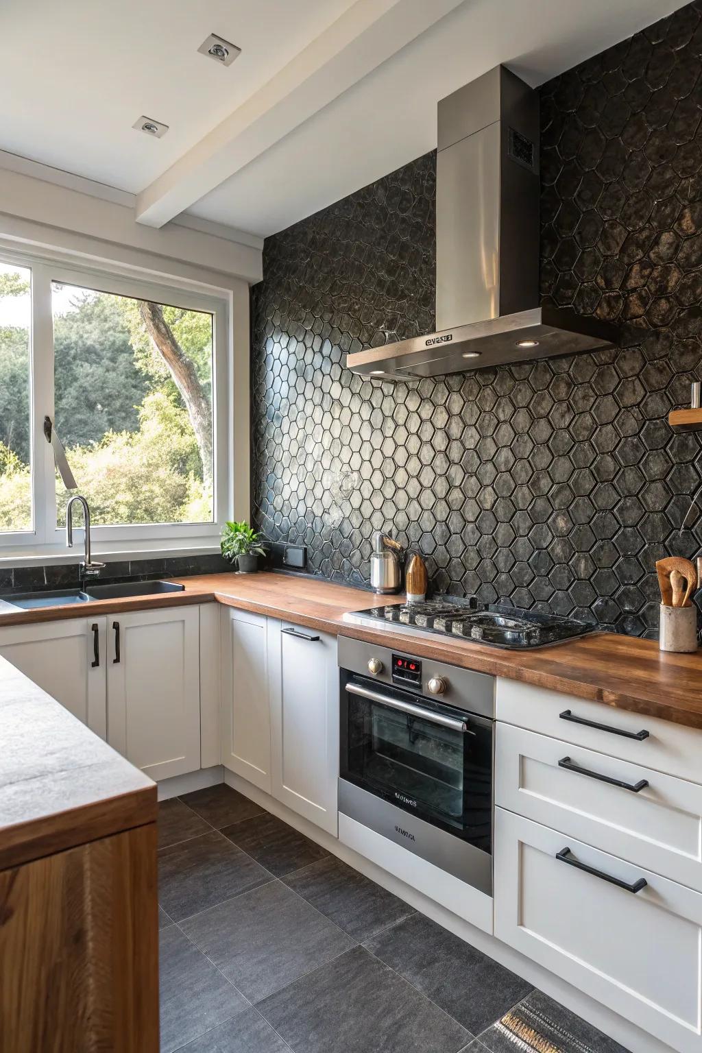 A warm kitchen features a textured dark tile backsplash that adds depth and inviting comfort.