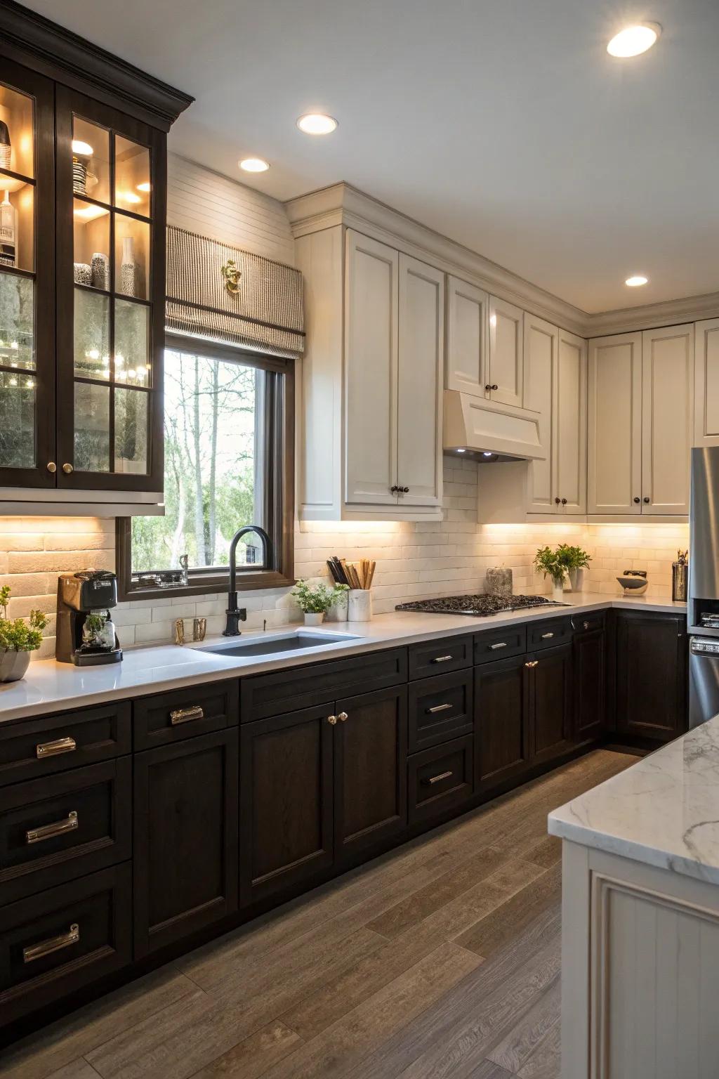 Two-tone cabinetry introduces contrast and dimension to the kitchen.