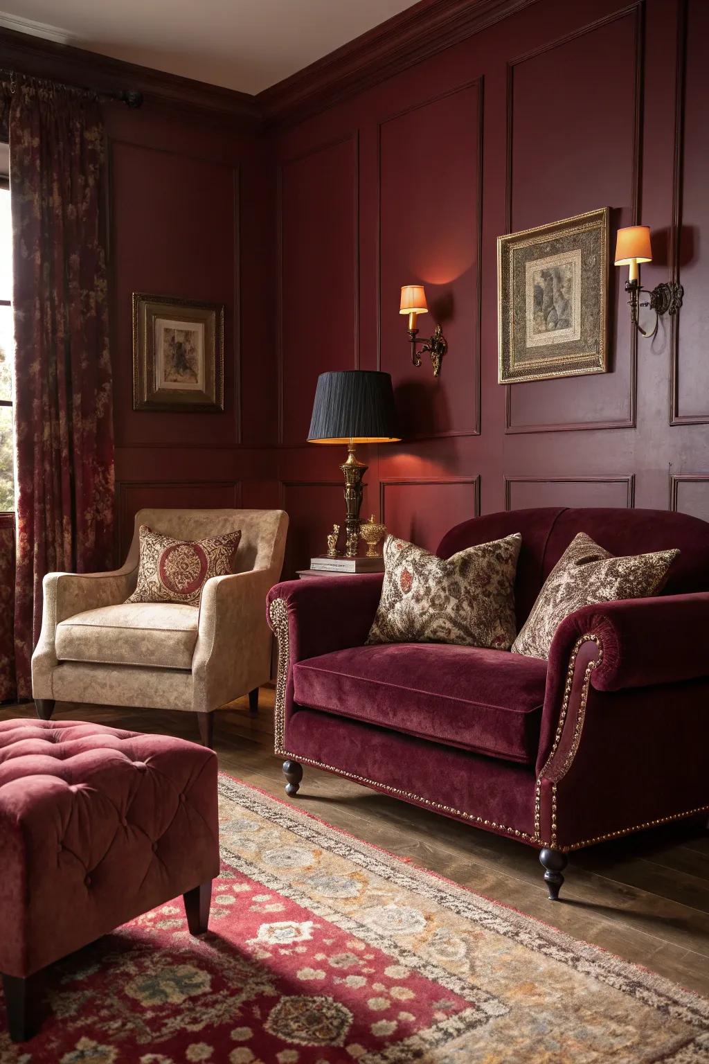 A burgundy-toned living area saturated with plush decor.