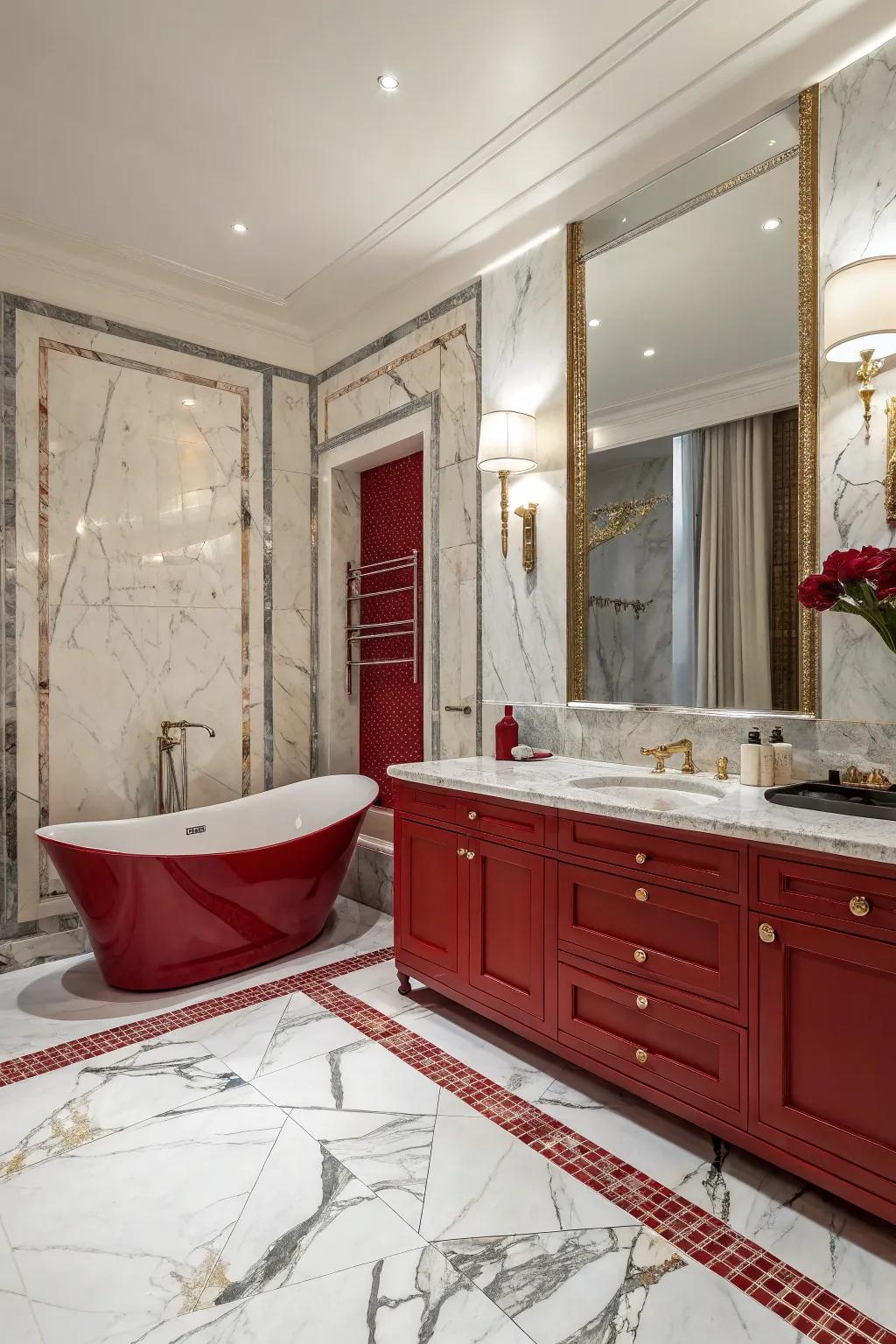 Crimson and marble integrate for a sumptuous and timeless bathroom.