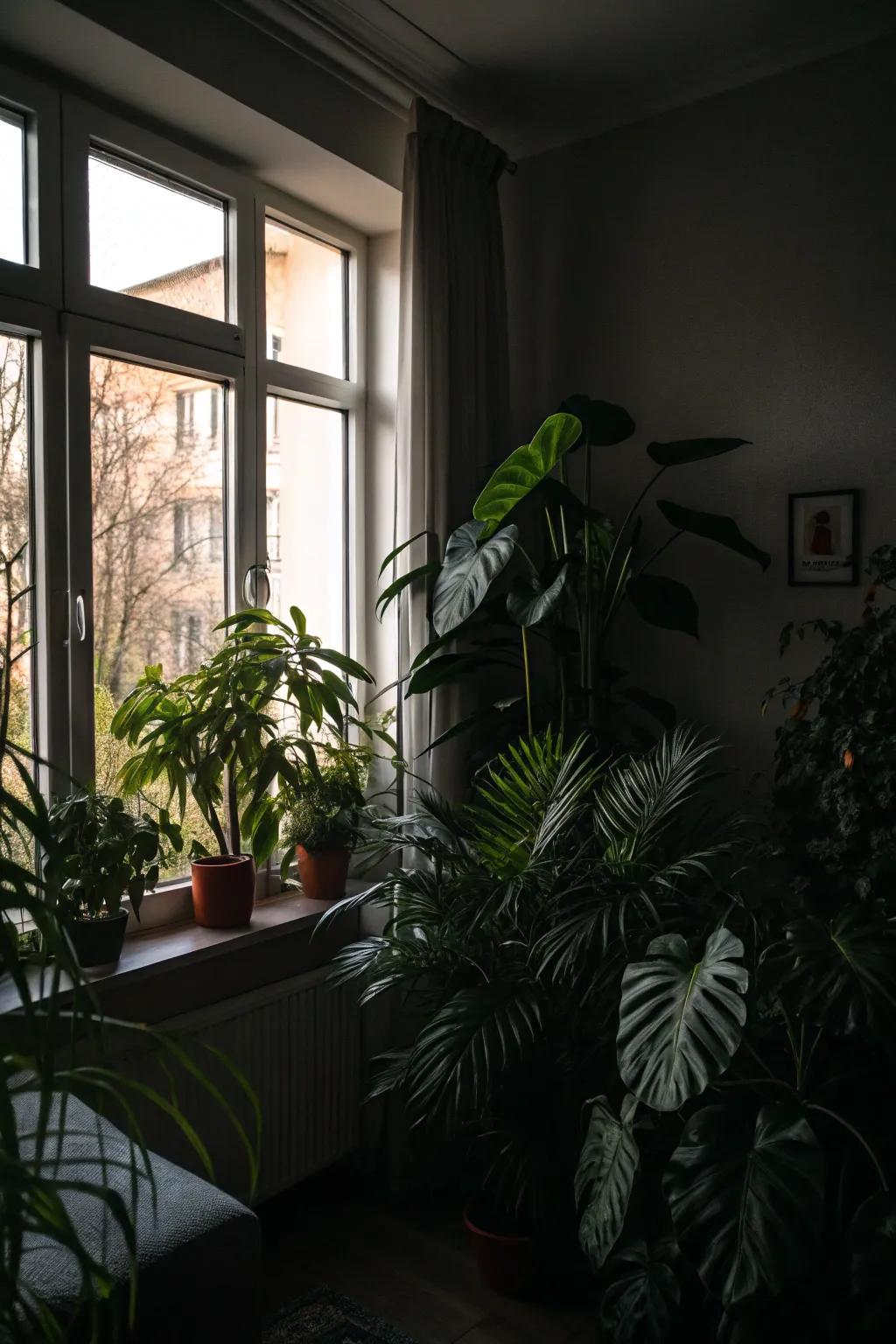 A shaded room with flora near the pane.