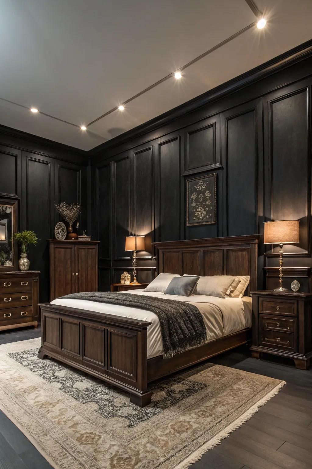 Ebony walls make a daring statement when paired with dark wood.