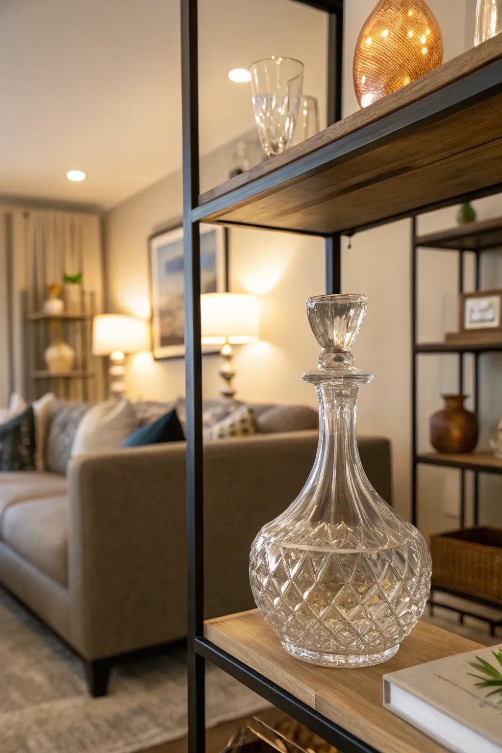 A uniquely shaped carafe serving as an art piece on a shelf.