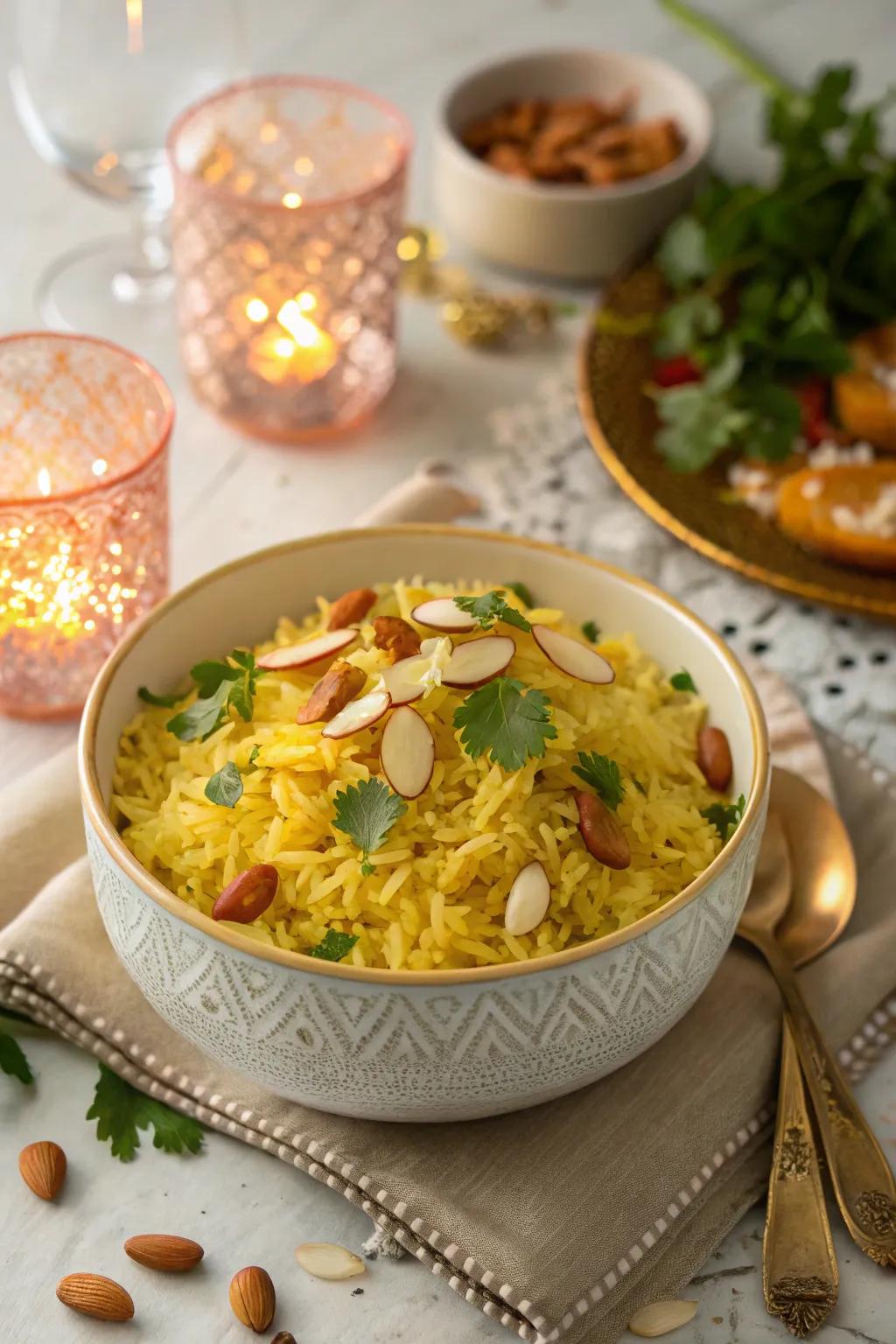 Gold rice with nuts, an aromatic side dish for December.