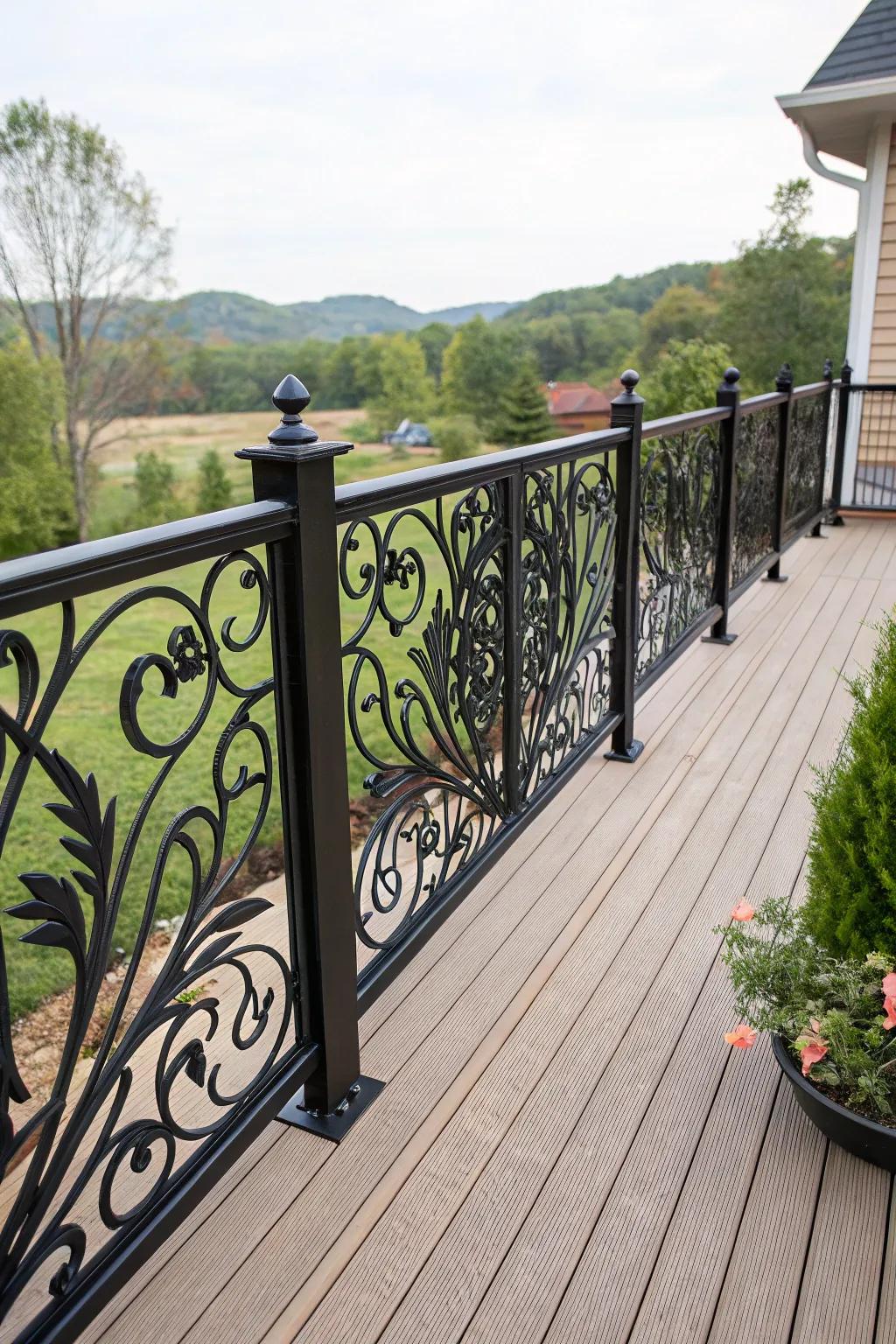 Custom-designed black railings add an artistic and personal touch.