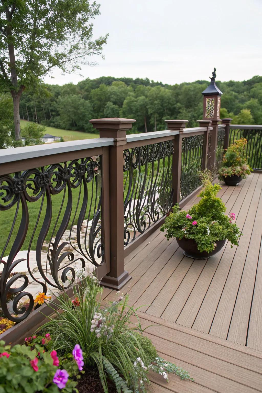 A personalized deck with custom artistic balustrades, showcasing unique design elements.