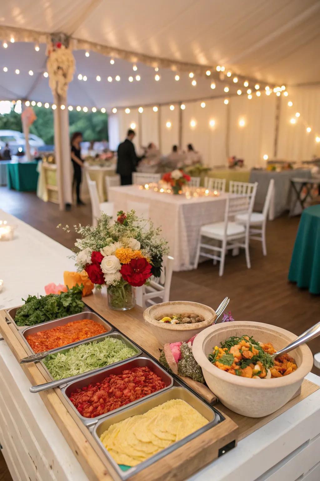 Interactive food areas adding fun and engagement at a wedding.