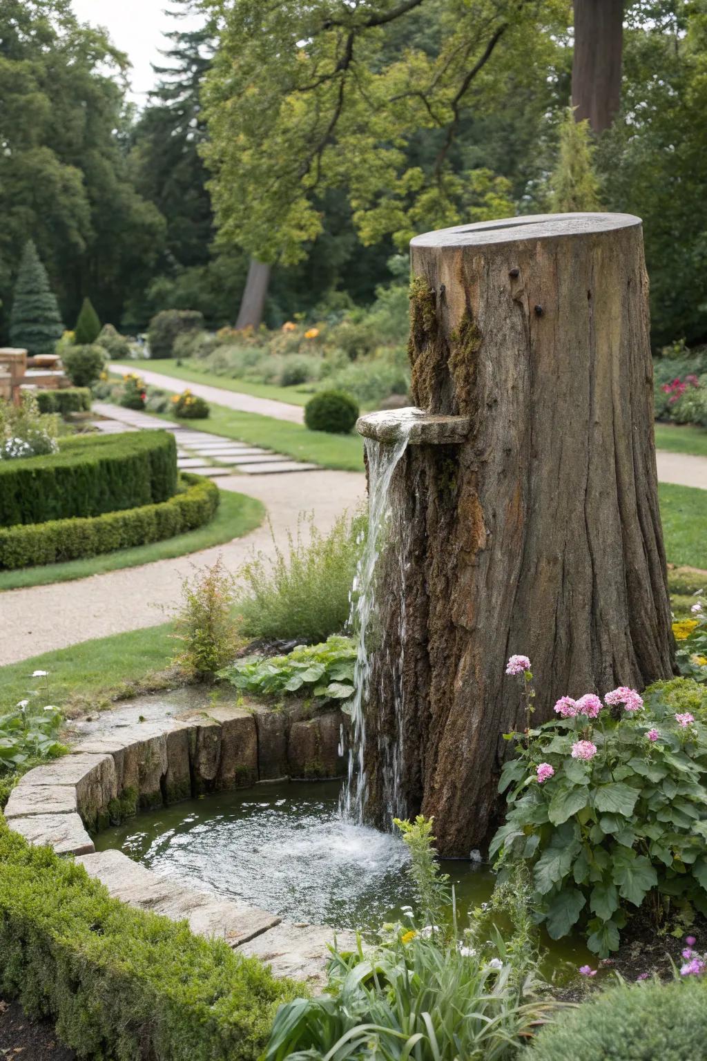Bring more tranquil elements into your space by adding a tree stump fountain.