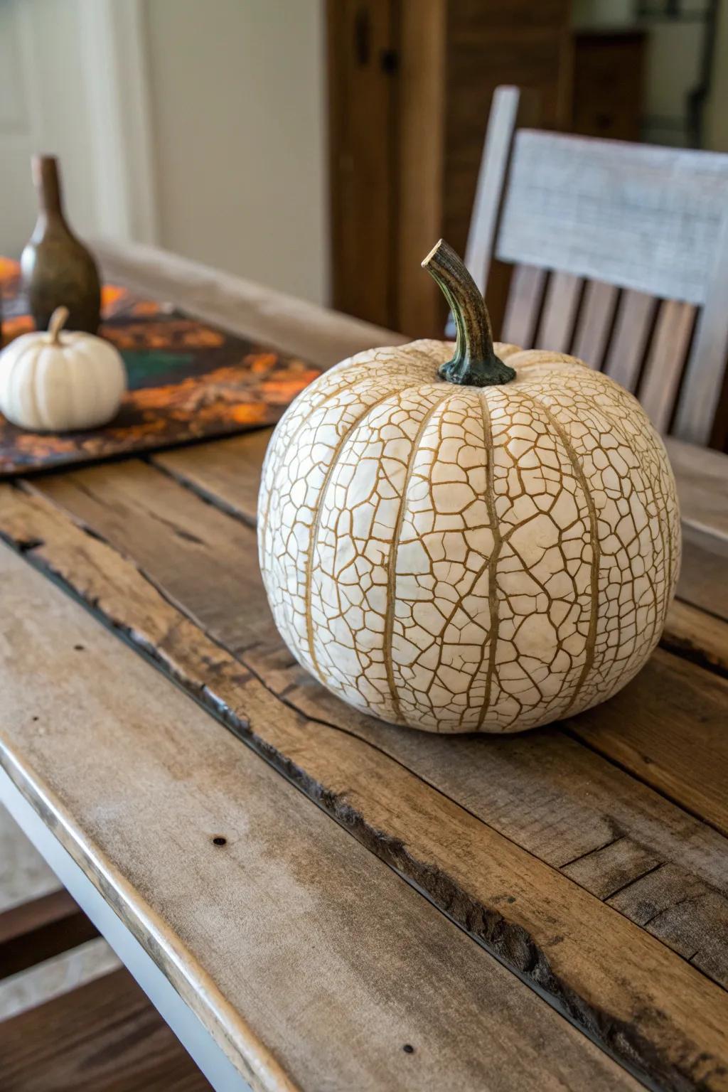Achieve an eerie timeworn aesthetic through craquelure pigment adorning your pumpkin.