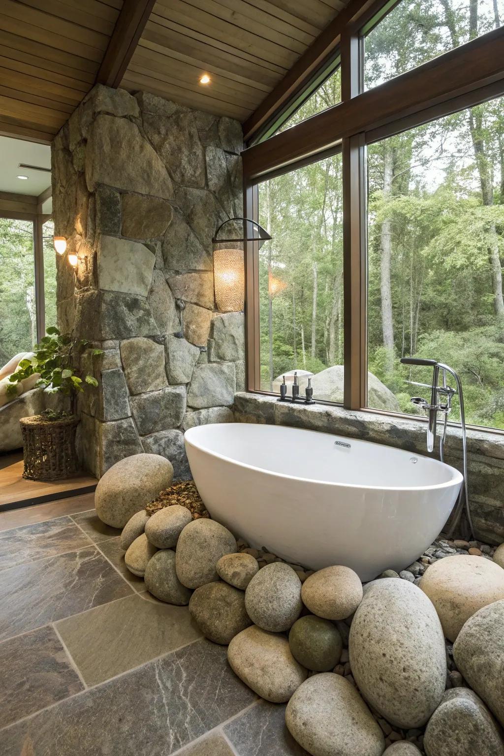 Convey the garden into your lavatory using sizable stones.