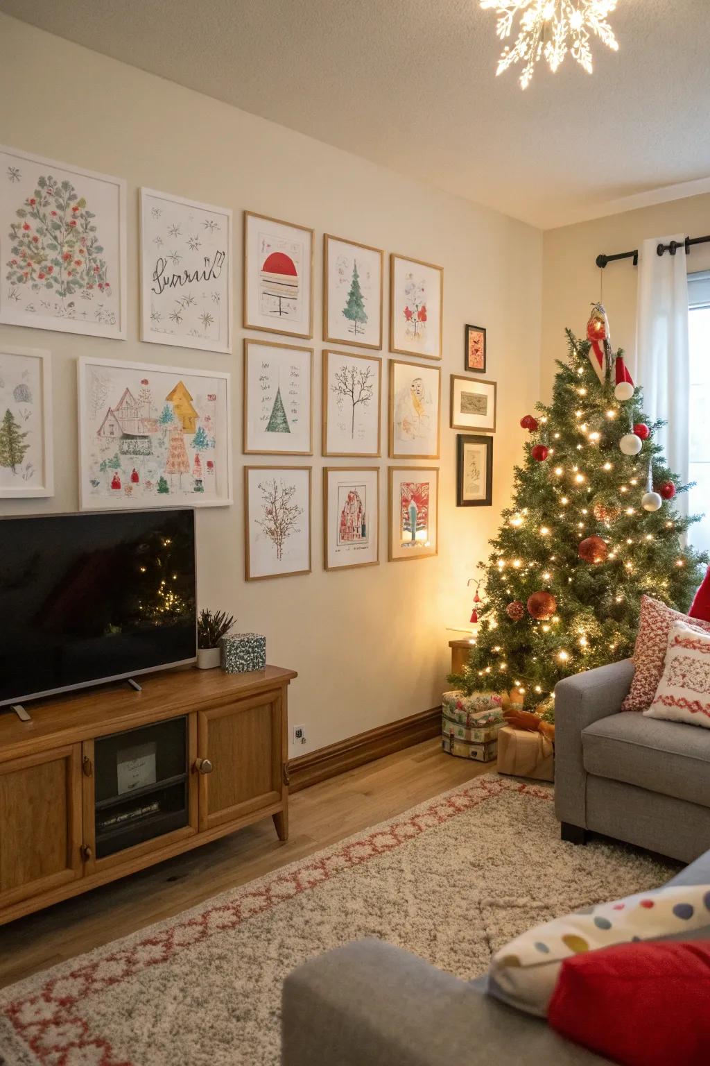 Envision a living room adorned with holiday-themed drawings, enhancing the spirit of the season.