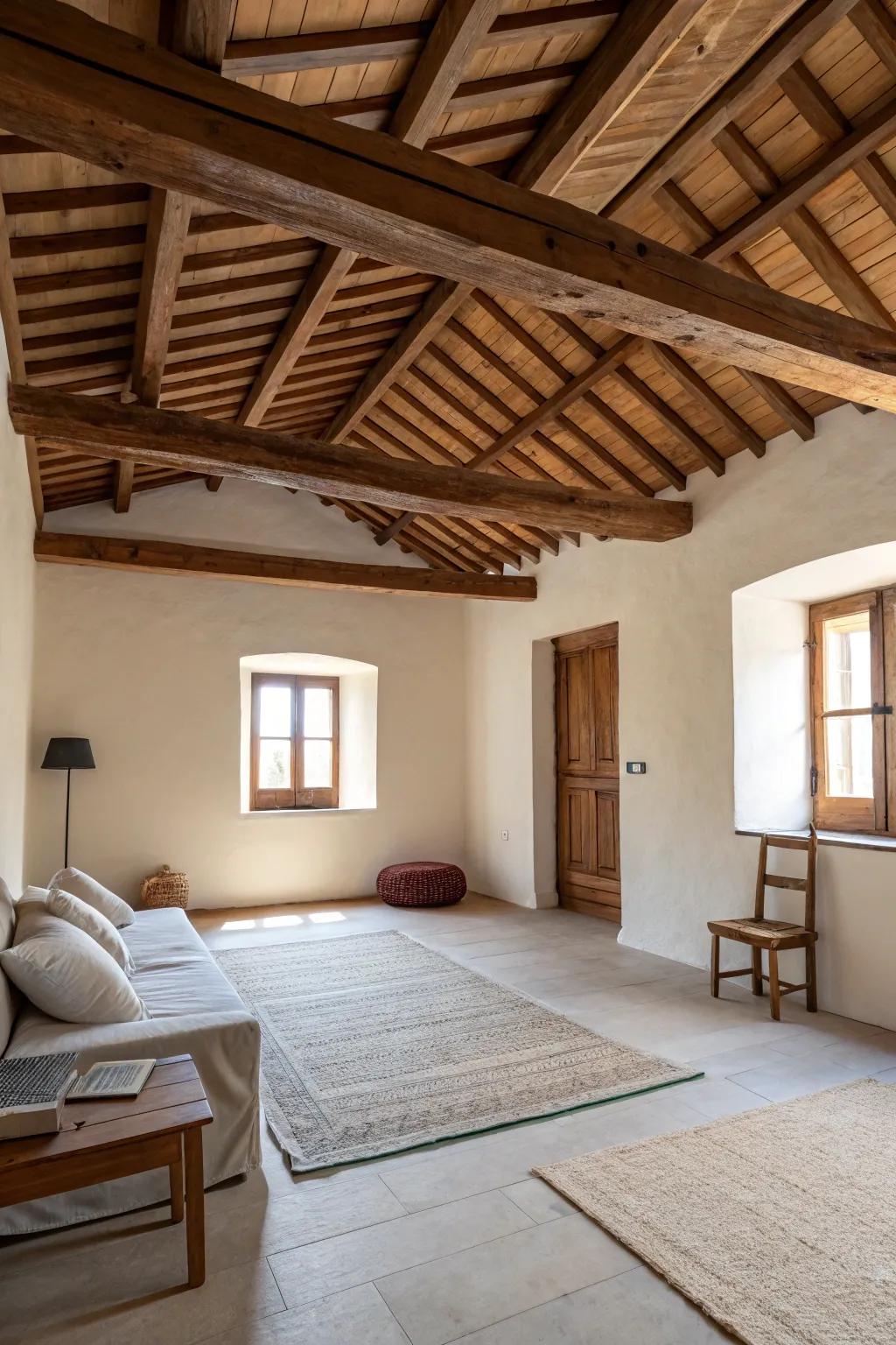 Without overpowering it, simple beams improve a minimalist space.