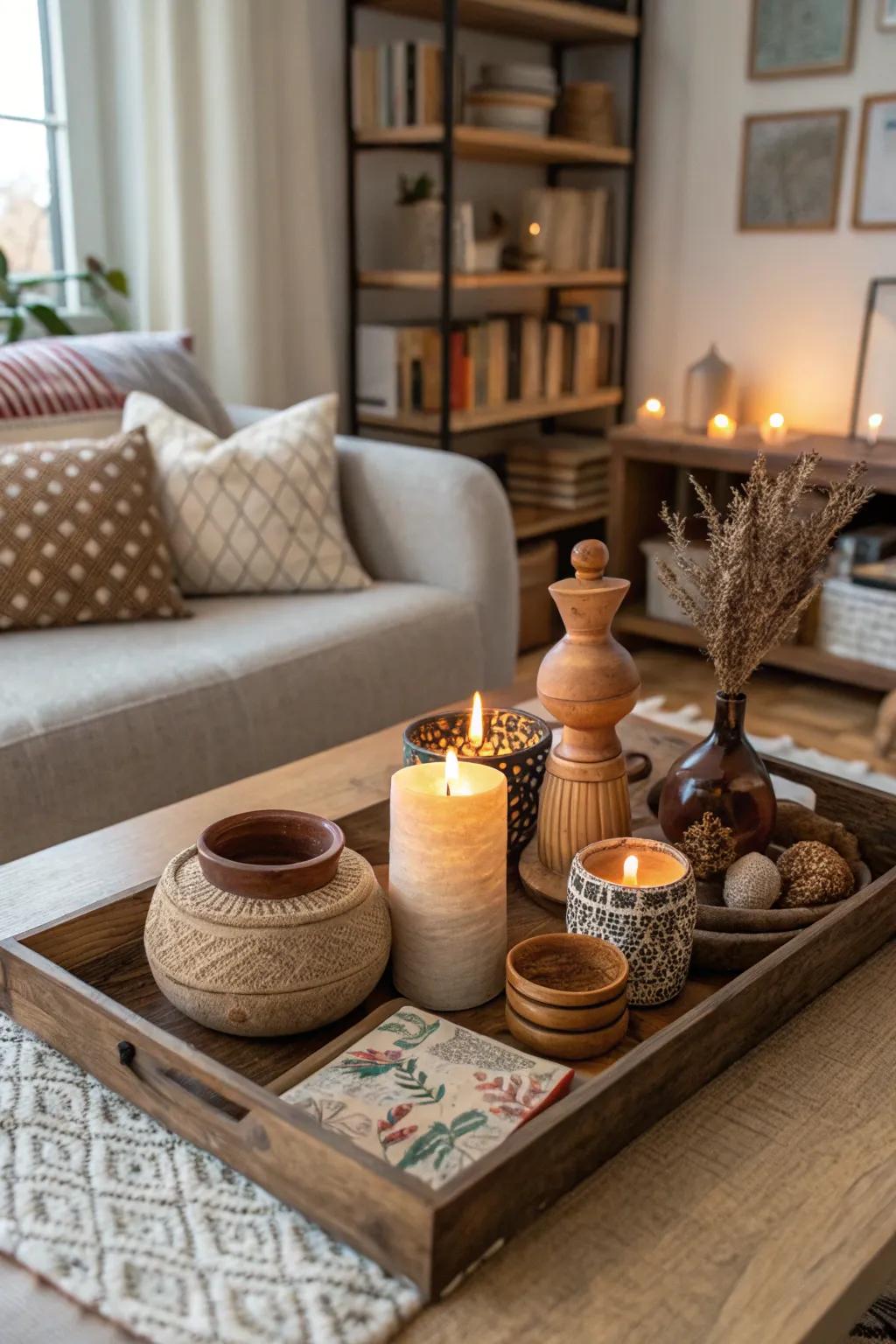 Artisan highlights with handcrafted items on a decor platter.
