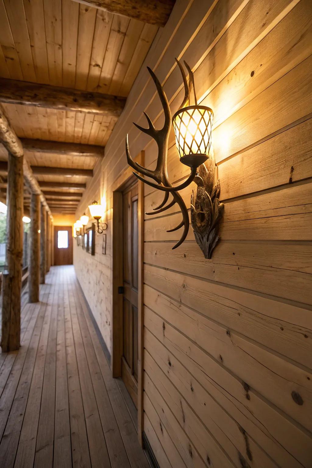 A deer antler wall fixture illuminates a rustic hallway with unique style.