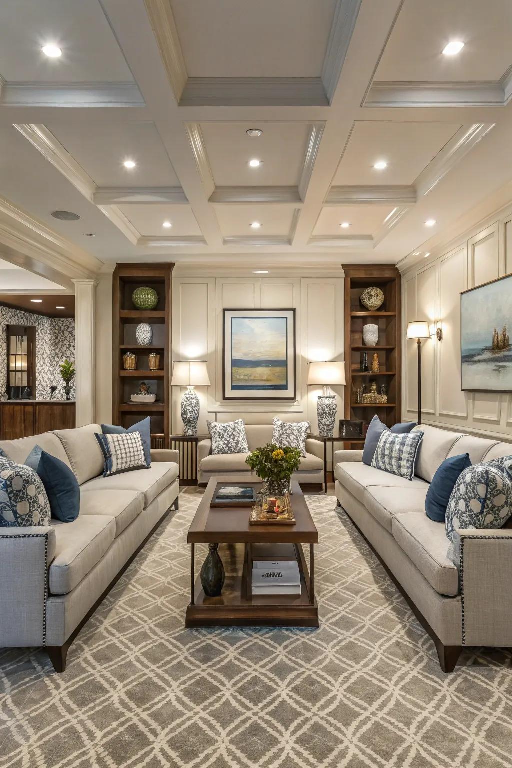 A den presenting a symmetrical configuration geared towards a well-proportioned layout.