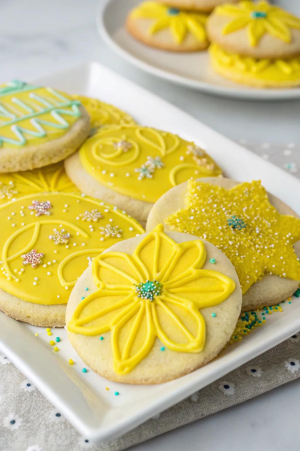 Sugar cookies embellished with saffron buttercream plus consumable shimmer.