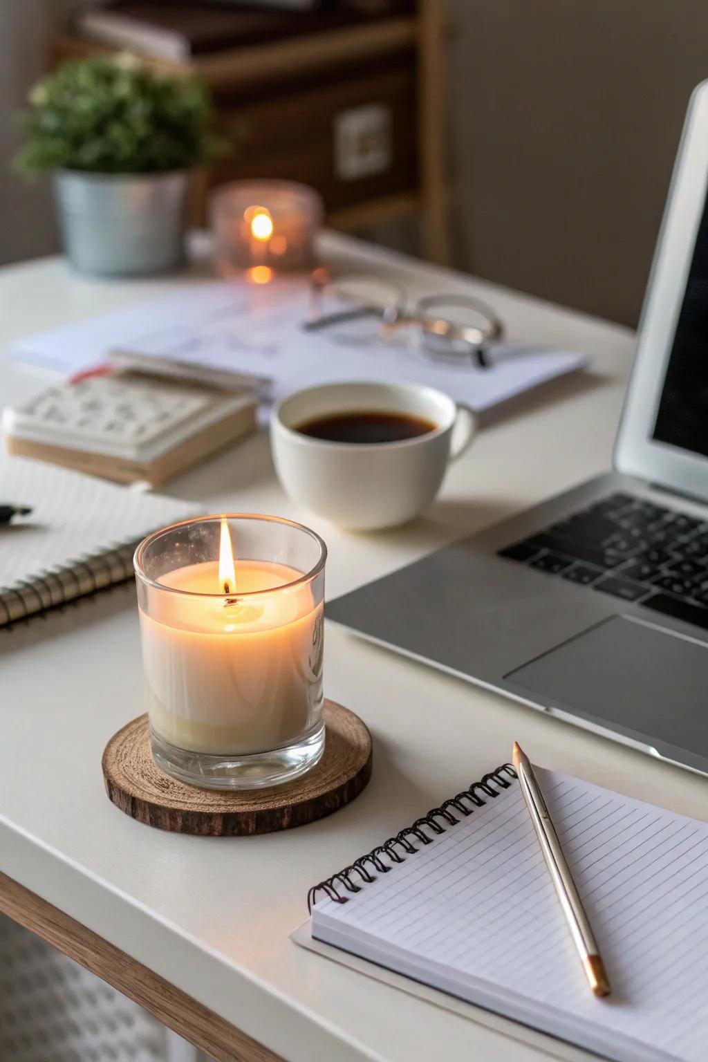 A scented candle fills the workspace with a soothing fragrance.