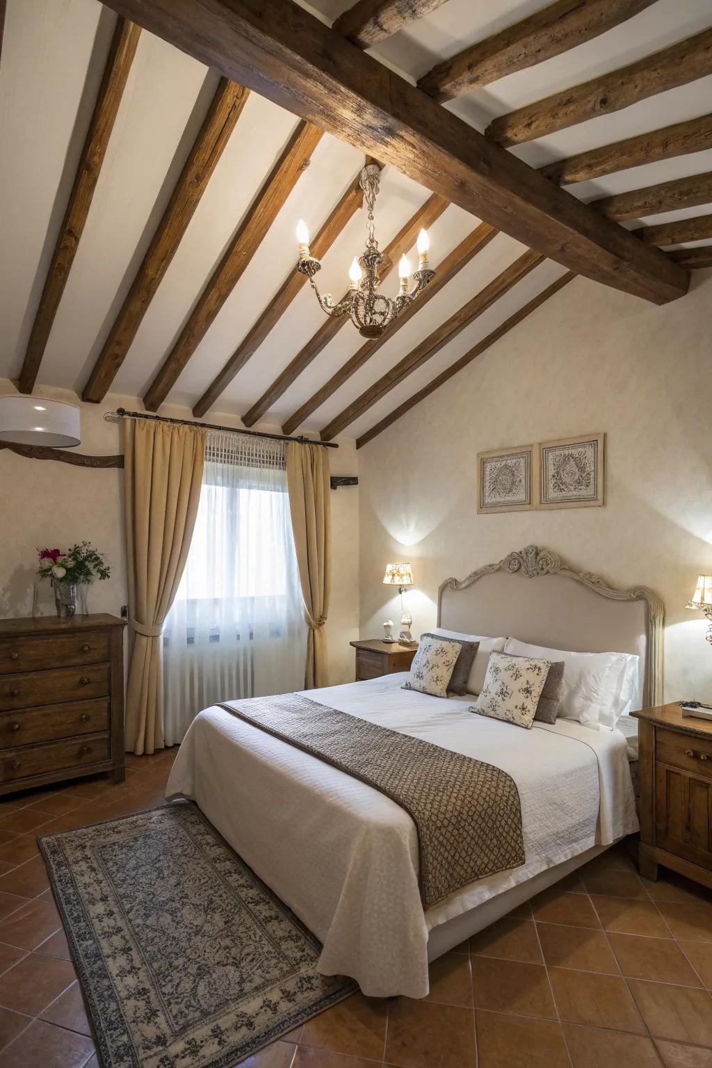 A decorated ceiling adds to a bed.