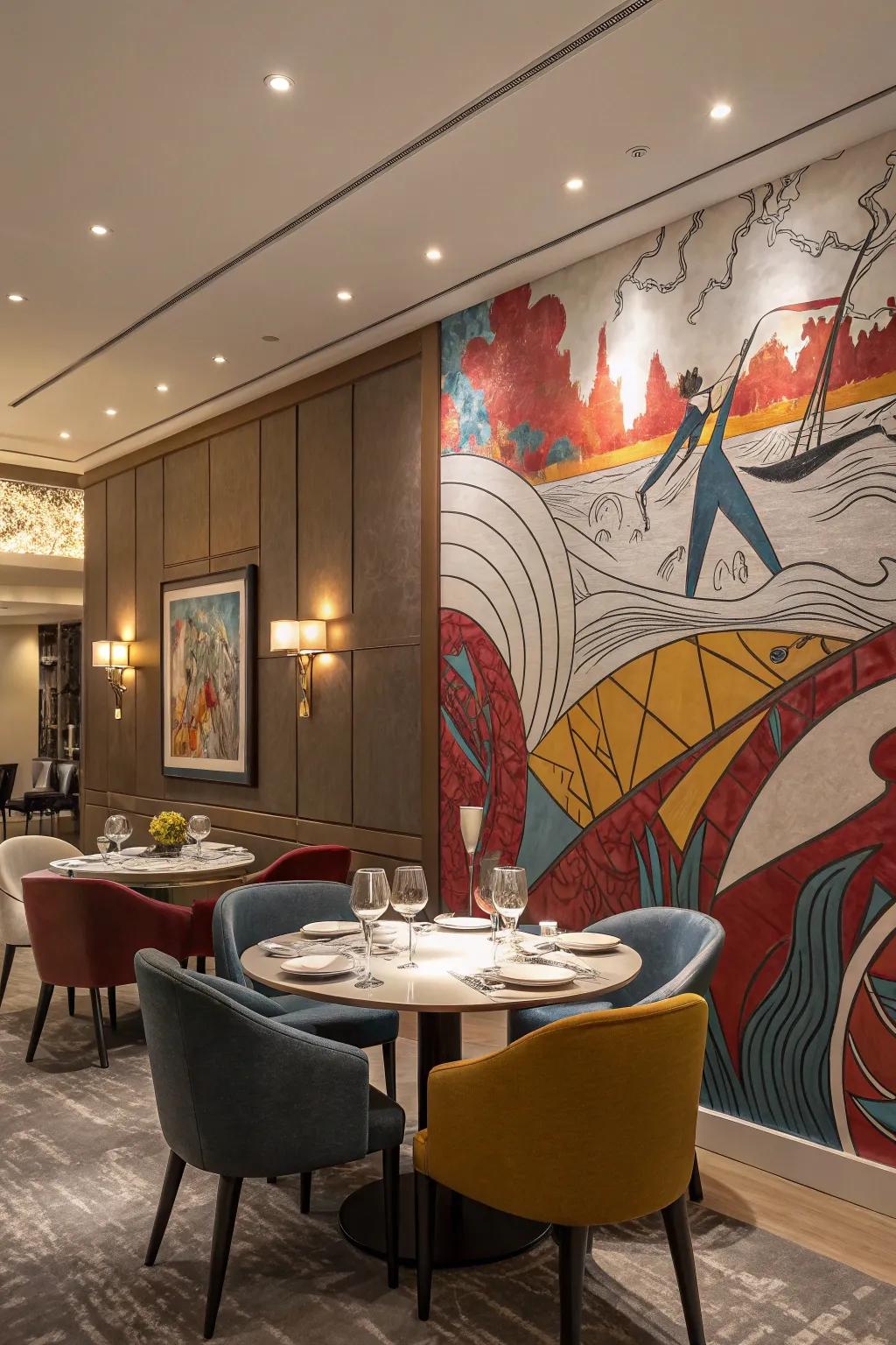 Wall murals create a striking, artistic statement in dining rooms.