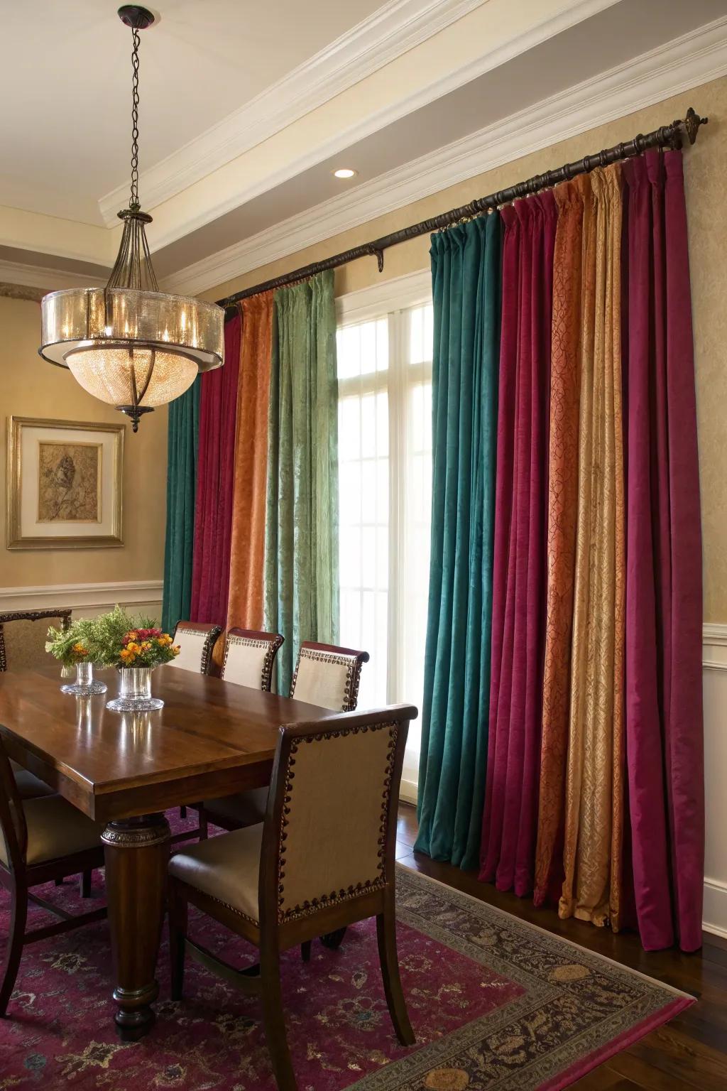 Jewel-toned window dressings adding luxury to the dining area.