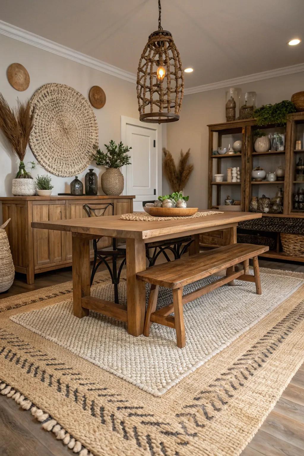 Woven floor coverings providing texture variations in the dining space.