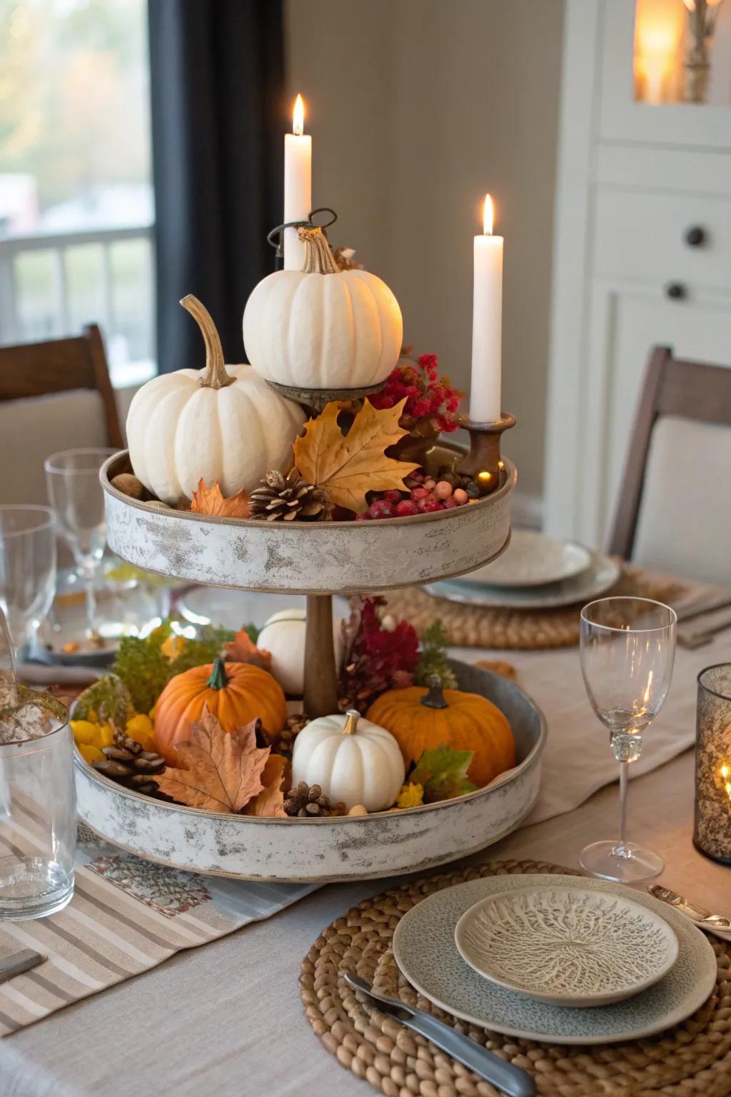 A tiered tray provides height and interest, perfect for seasonal displays.