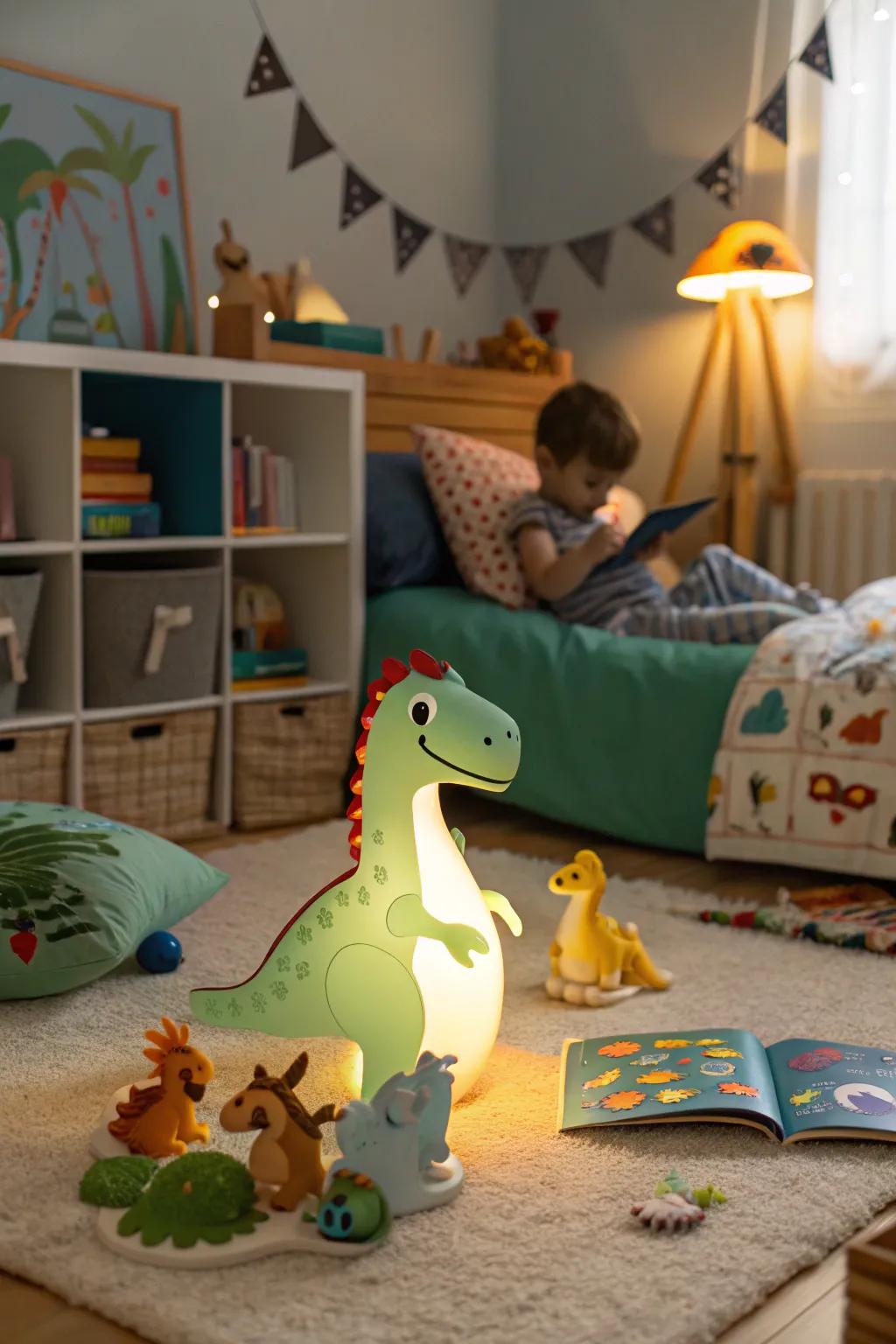 A dinosaur-themed night light providing comfort and charm.