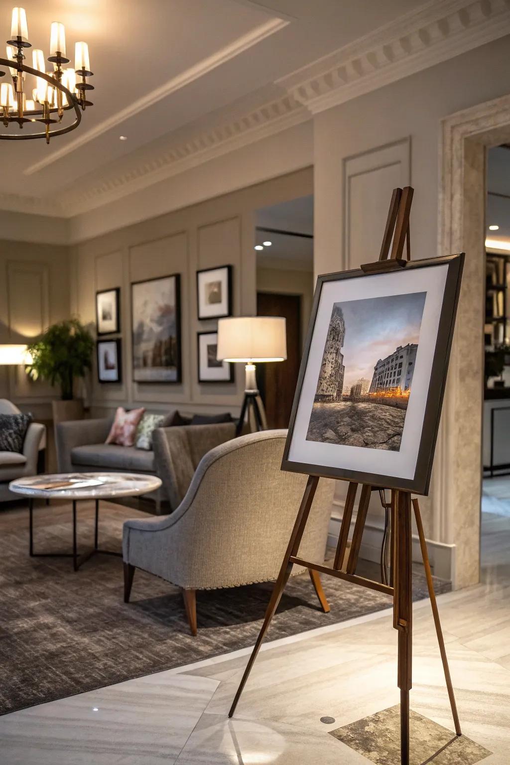 Art on display via stands to invoke an art gallery feel.