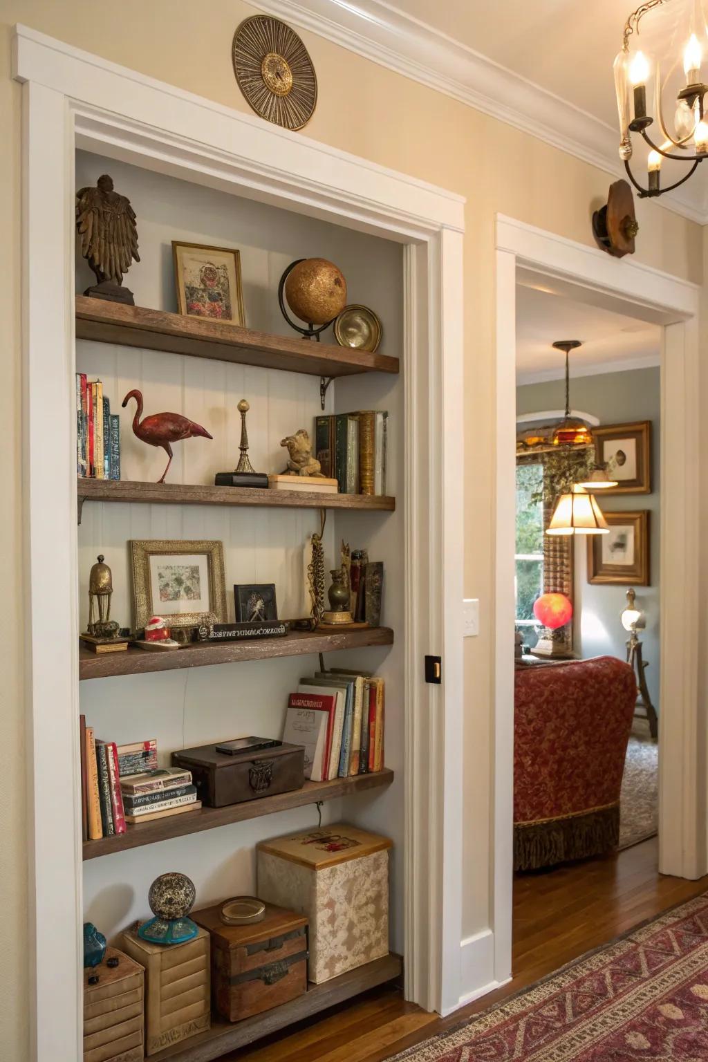 Floating shelves above doorways offer fun surprises.