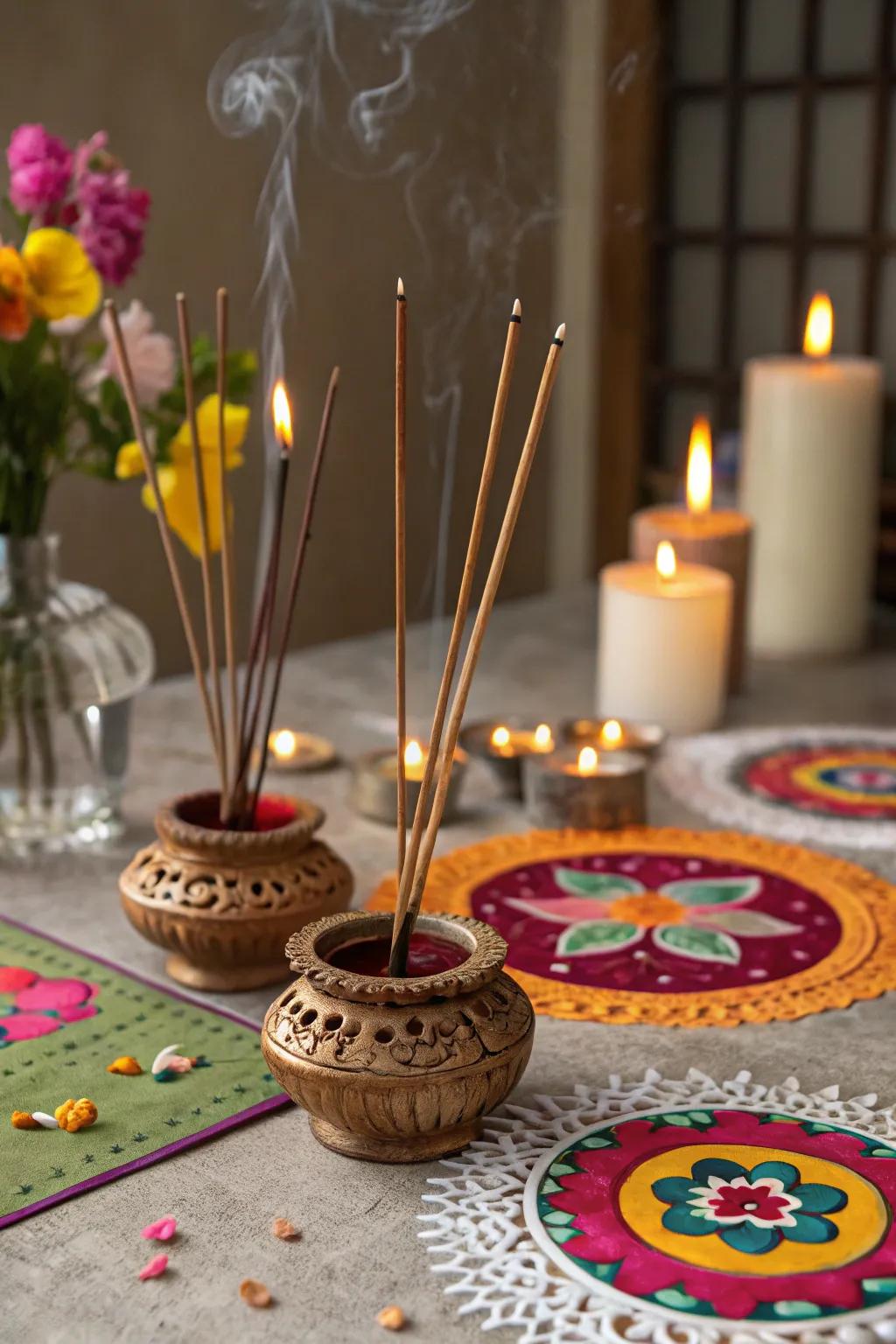 Incense sticks in ornamental rings crafting a calming and aromatic atmosphere on the table.