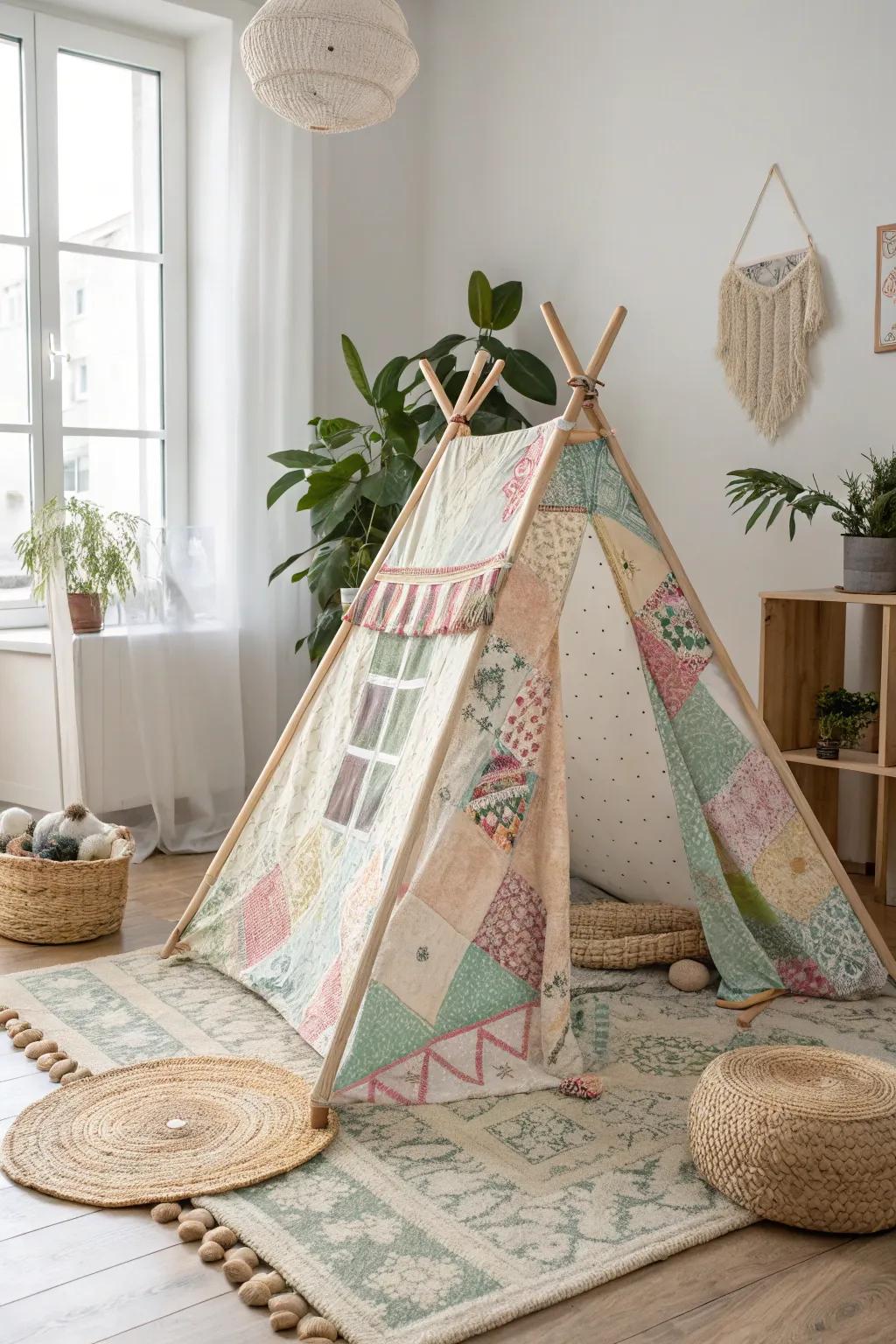 Craft a welcoming retreat with a vintage bedspread tent, where every patch recounts a narrative.