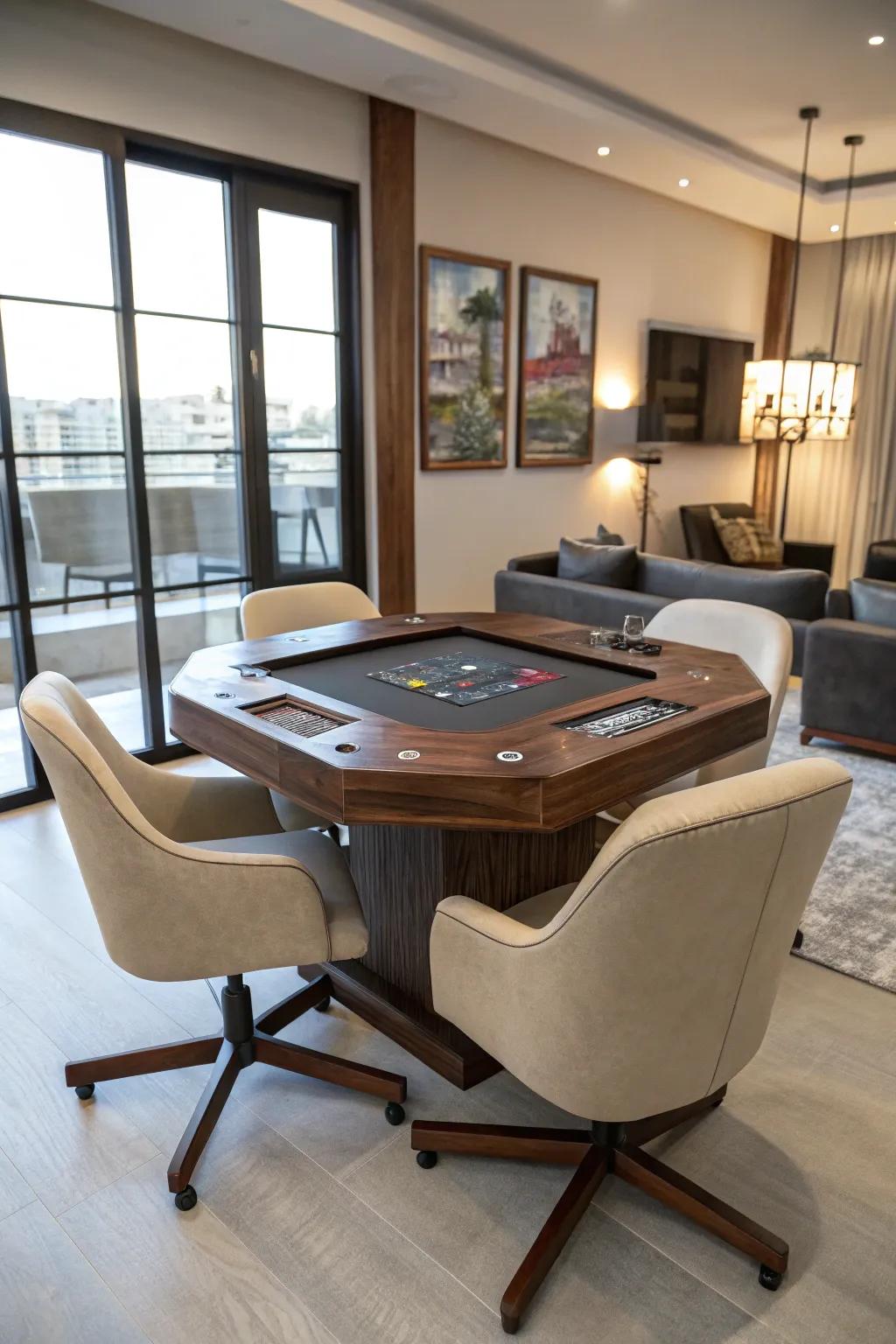 Hidden outlets keep your devices charged and ready.