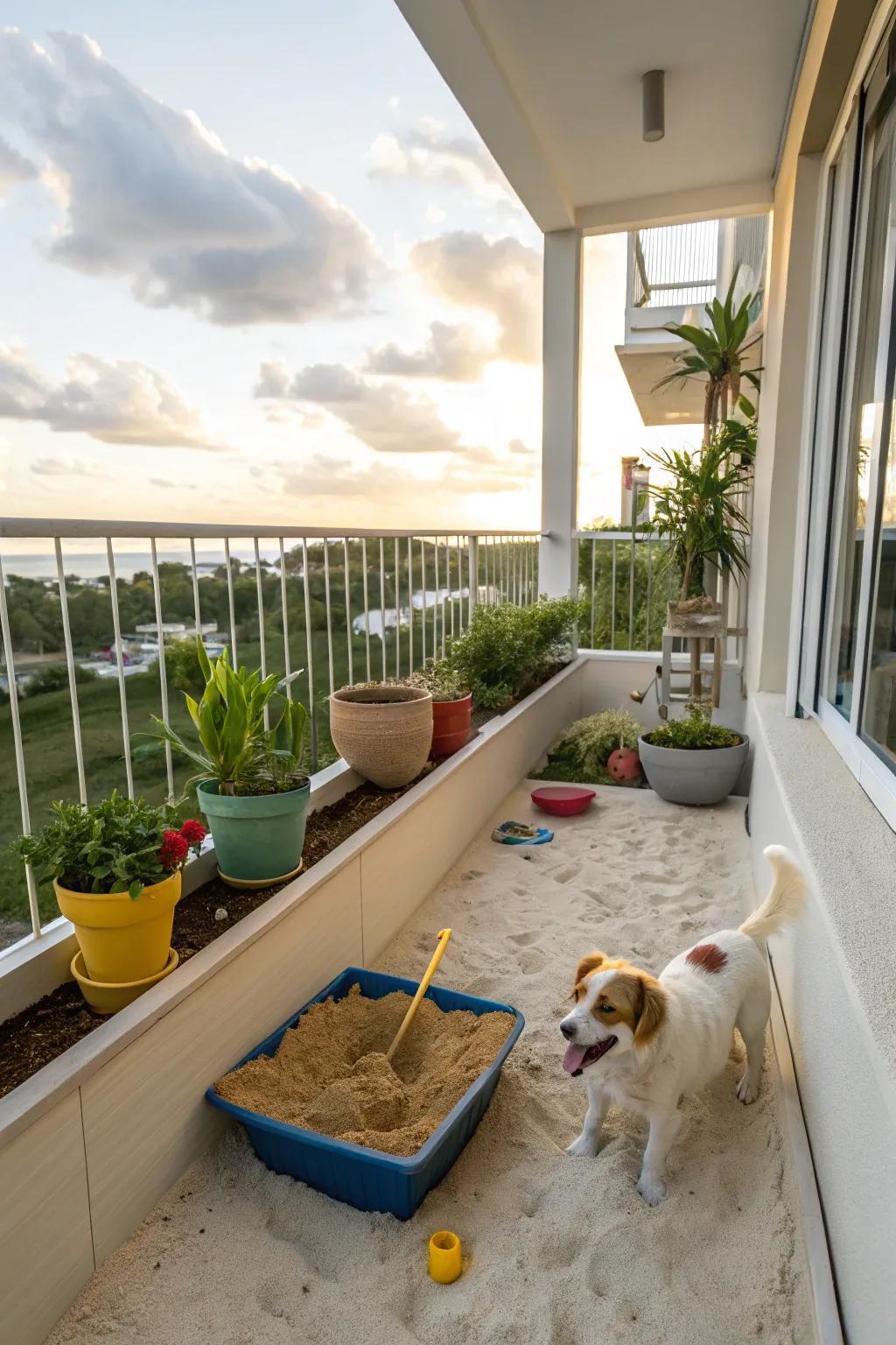 A handmade sandbox provides digging enjoyment for inquisitive dogs.