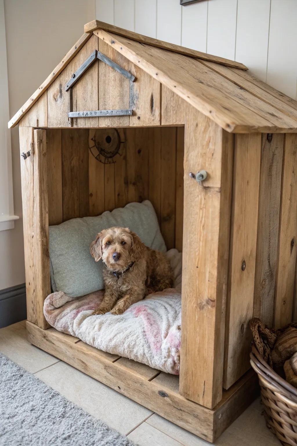 A countryside timber canine nook that merges natural textures with cozy comfort.