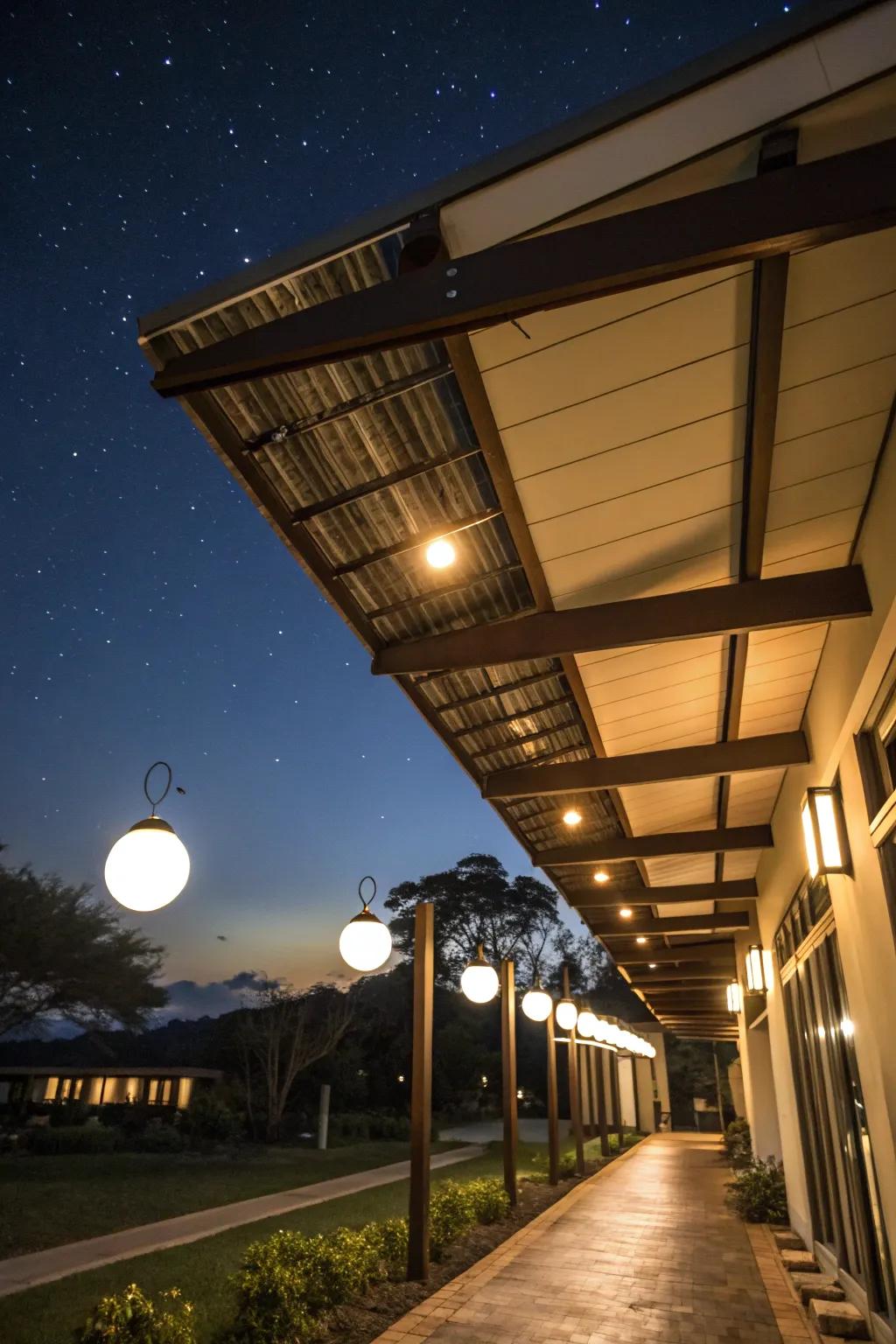 A shelter with sun-powered lights built in at night.