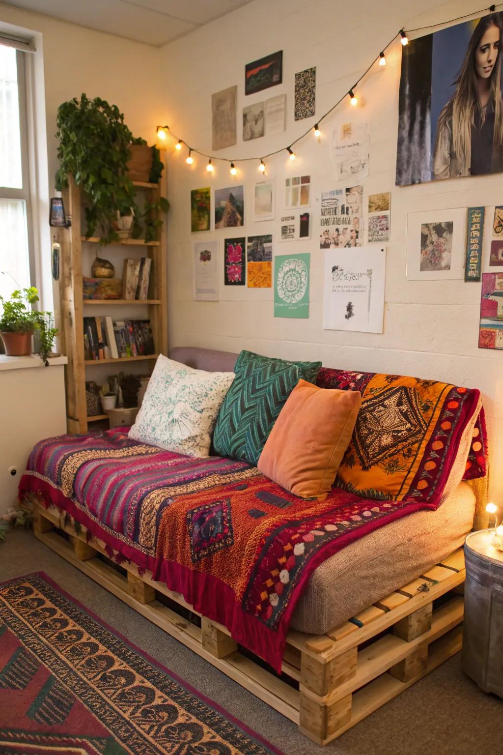 A DIY pallet sofa adding a unique, personal touch to this dorm room.