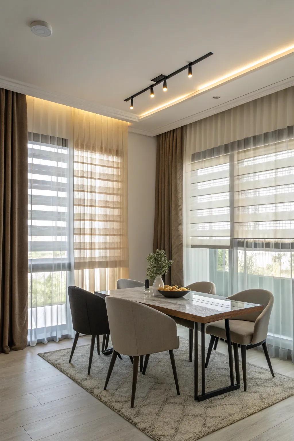 Curtains layered over blinds offer style and functionality in this dining room.
