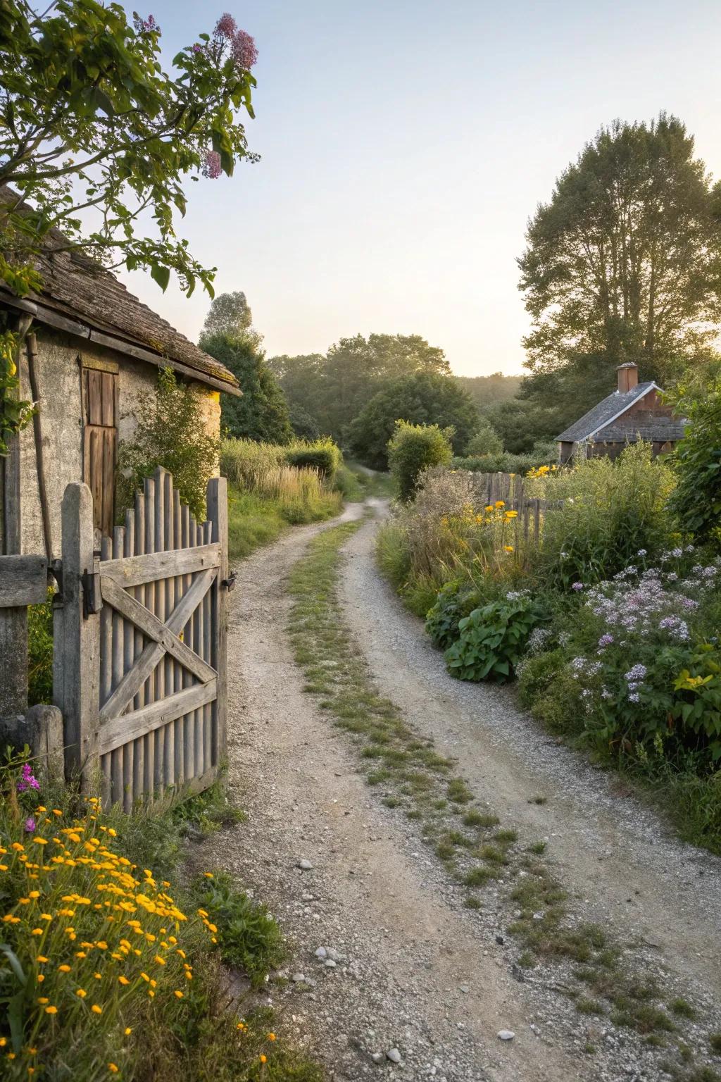 A charming rustic farmhouse driveway that includes natural elements.
