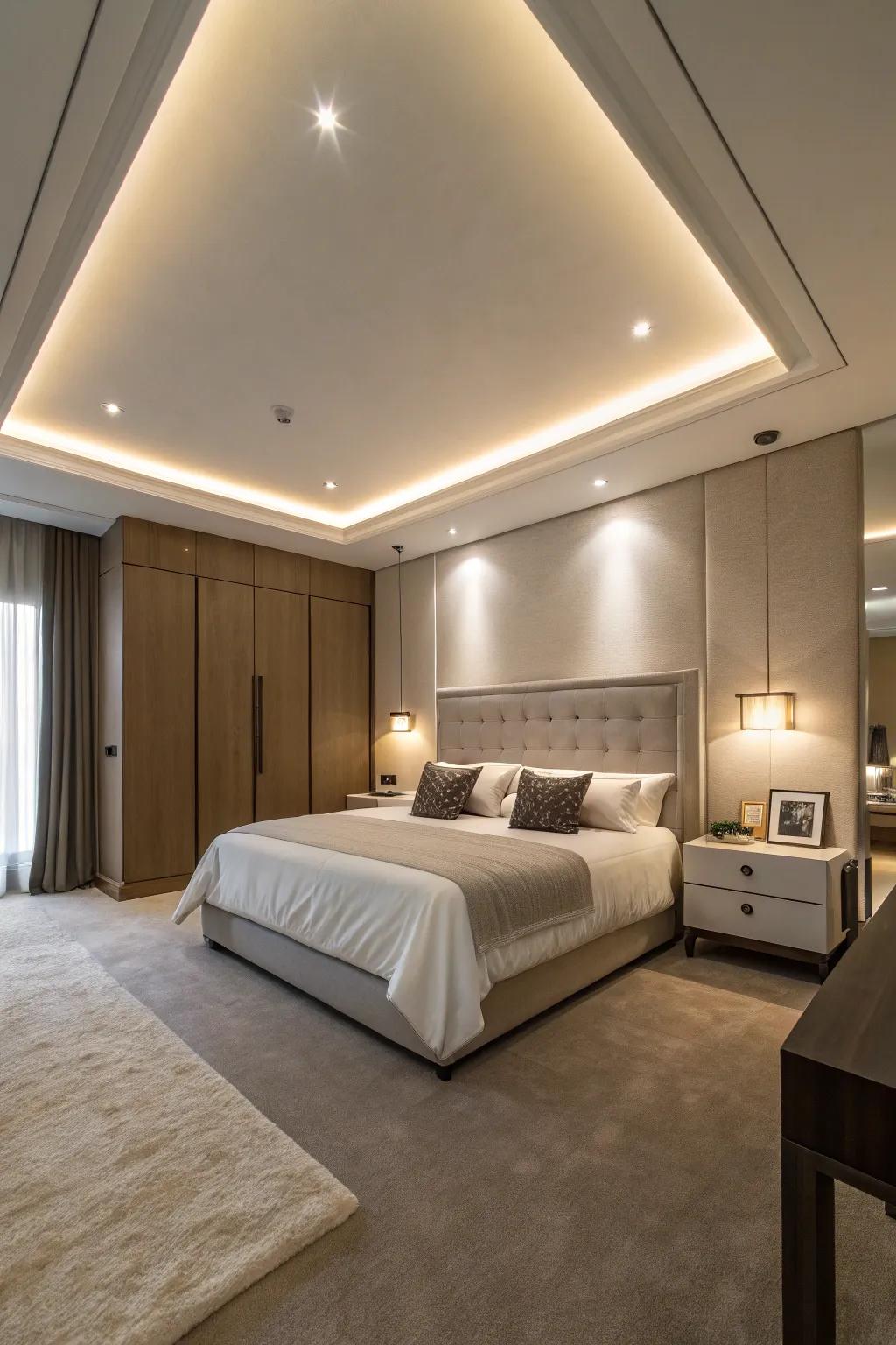 Hidden lights add a magical touch to this modern bedroom.