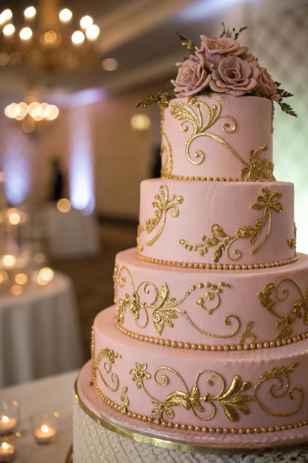 Elegant misty rose and gilded wedding cake.