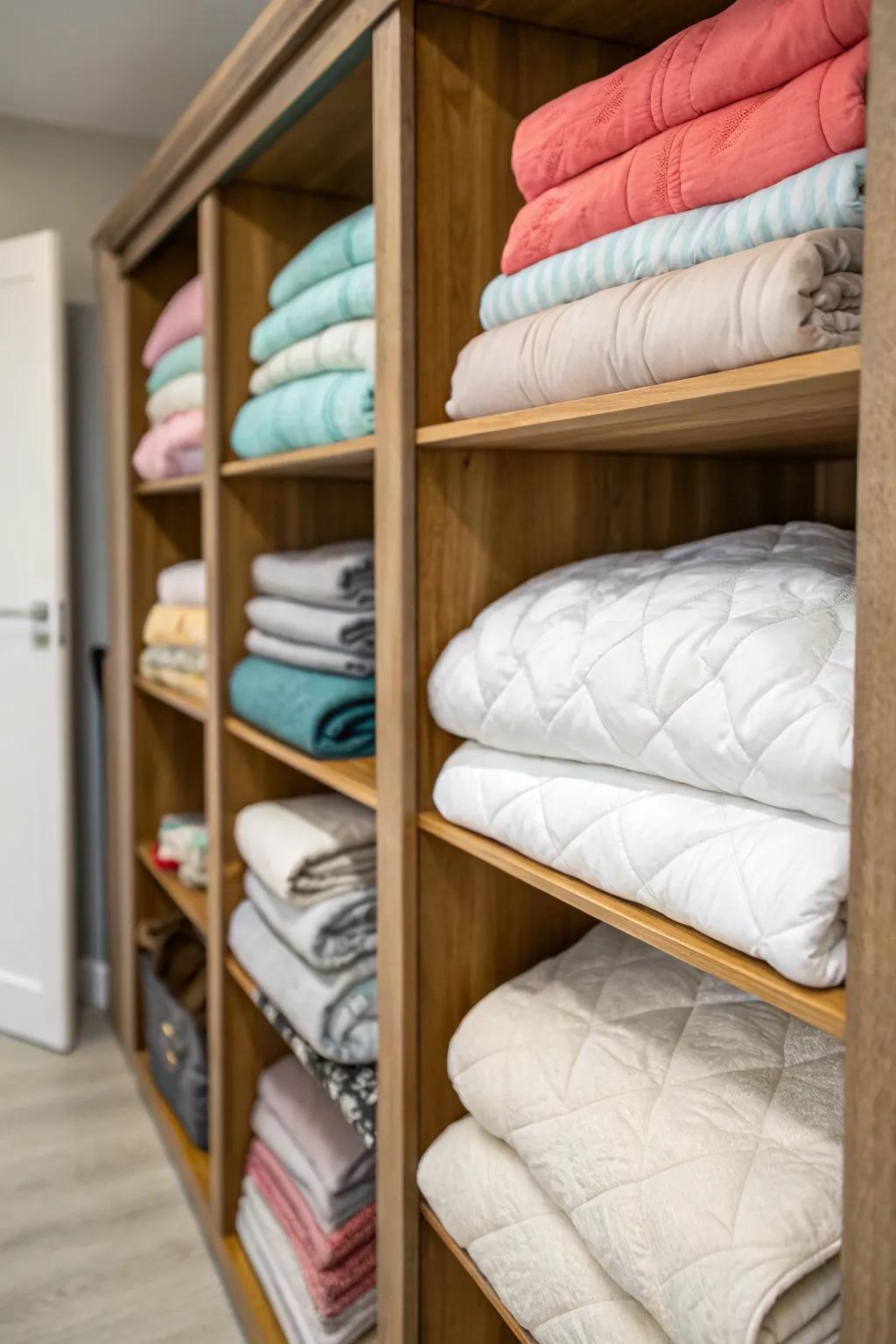 A designated linen closet space offers trouble-free comforter access.