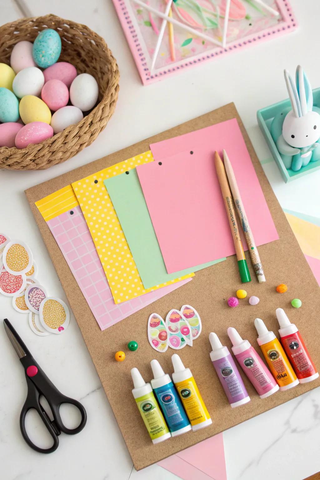 An interactive DIY craft board for creative Easter fun.