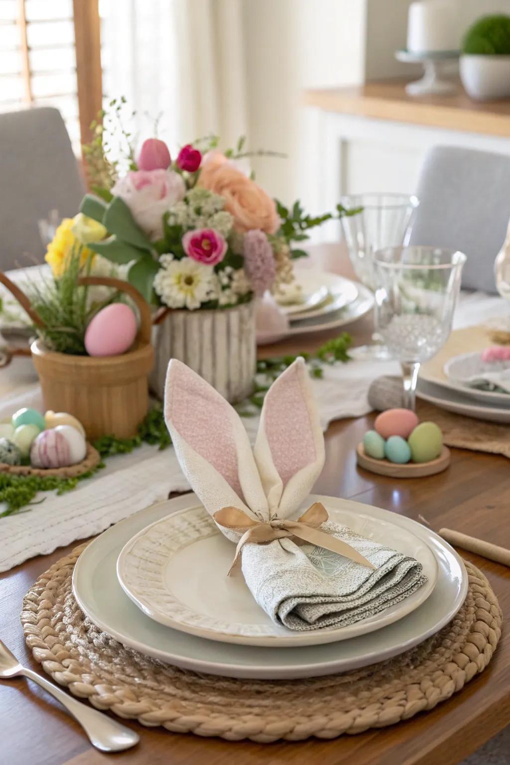 Hare ear serviette bands inject a whimsical and celebratory nuance into the tabletop.