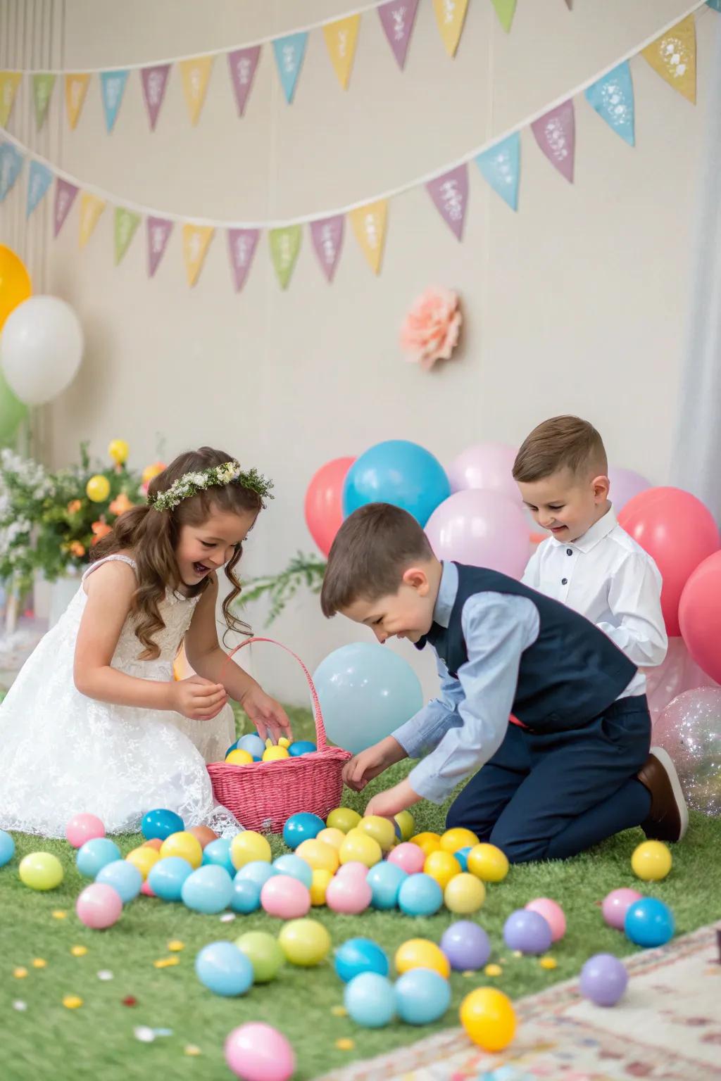 A kids' corner at a wedding featuring Easter egg decorating and a mini egg search.