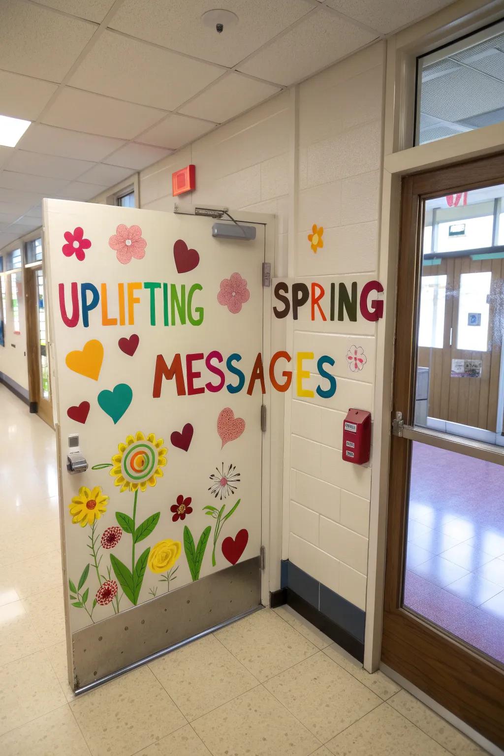 Inspiring messages greet students on this classroom entrance, setting a positive springtime tone.