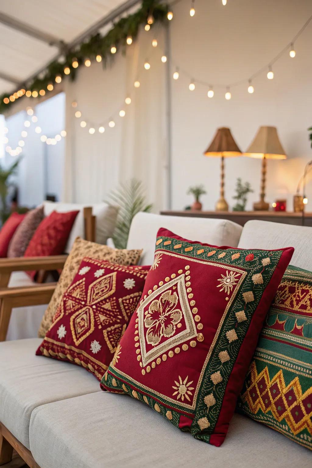 Transform your space with patterned pillows.